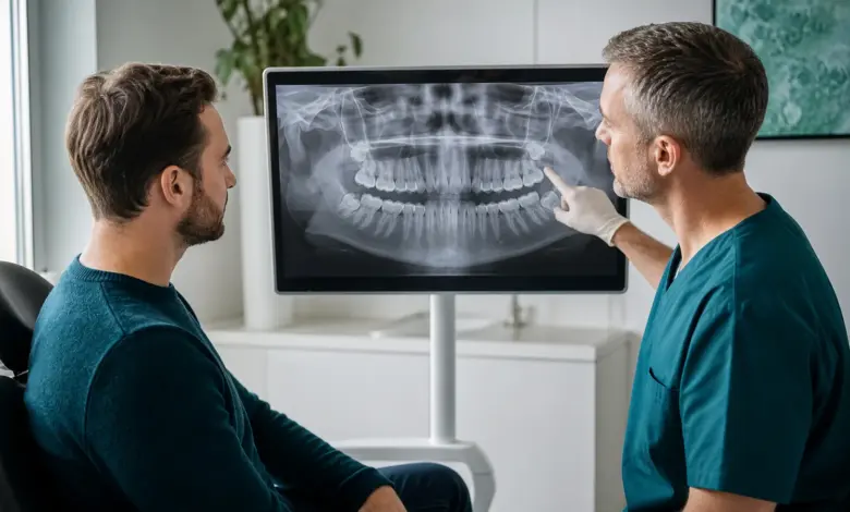 Oralchirurg erklärt einem Patienten die Lage der Weisheitszähne am Röntgenbild [Bildinhalt mit KI erstellt]